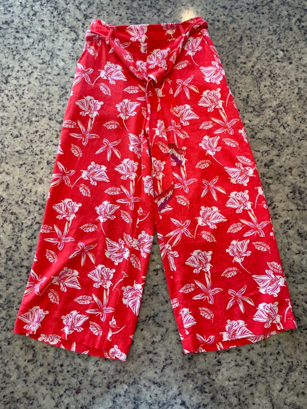 New Maison D’ Amelie linen blend Red Floral Wide-Leg cropped Pants SZ S - Picture 2 of 10